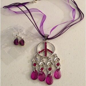 New 3 Piece Purple Dangle Peace Sign Cord and Chiffon Necklace With Earrings